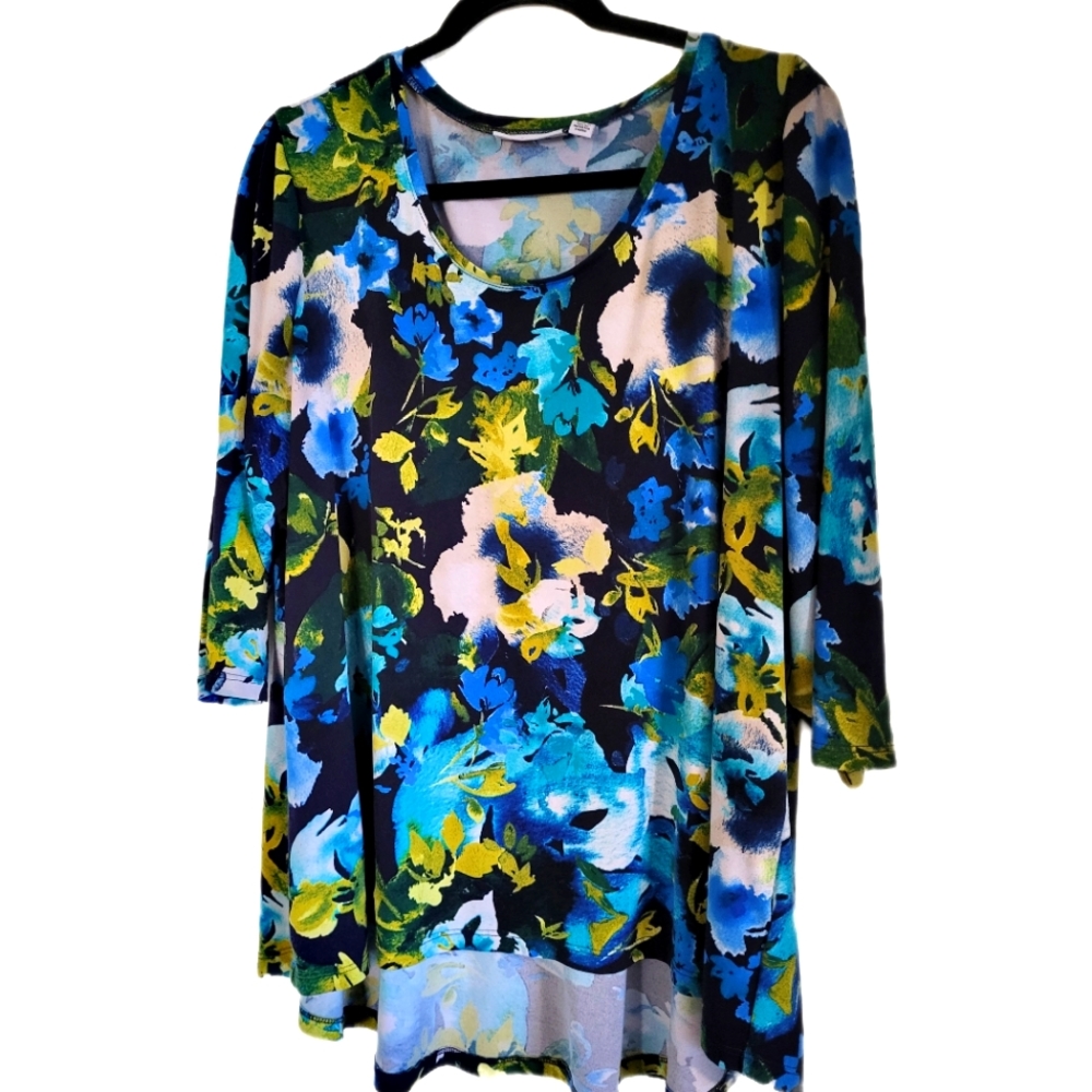 Susan Graver Navy Blue Floral Printed Liquid Knit Fit and Flare Top Size 1X